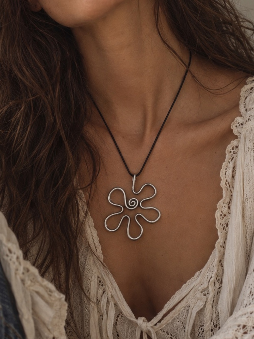 Sterling Silver Flower Necklace Artsy Art Hammered Metal Pendant Hippie Boho